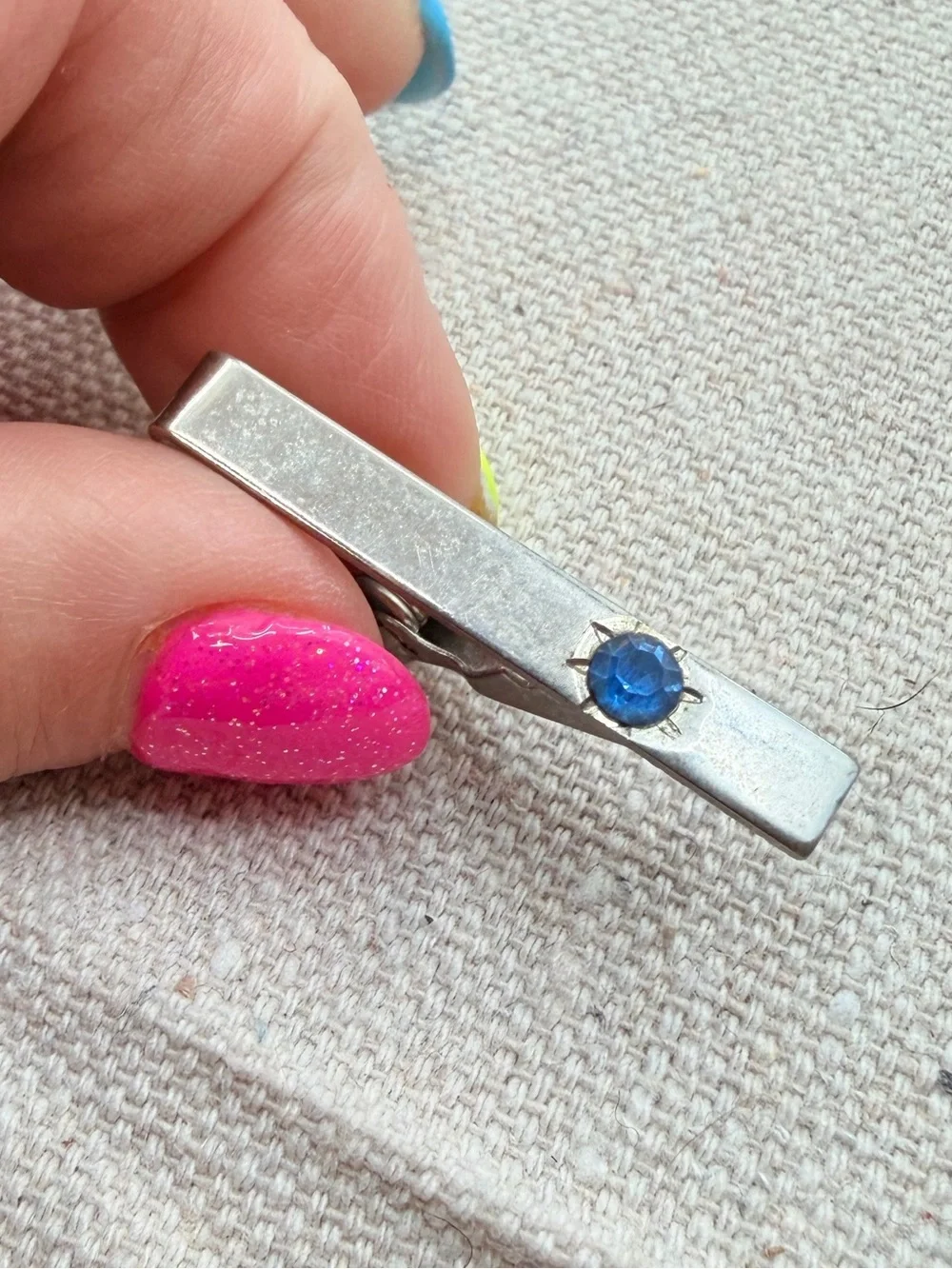 Silver Tie Clip with Blue Stone Accent